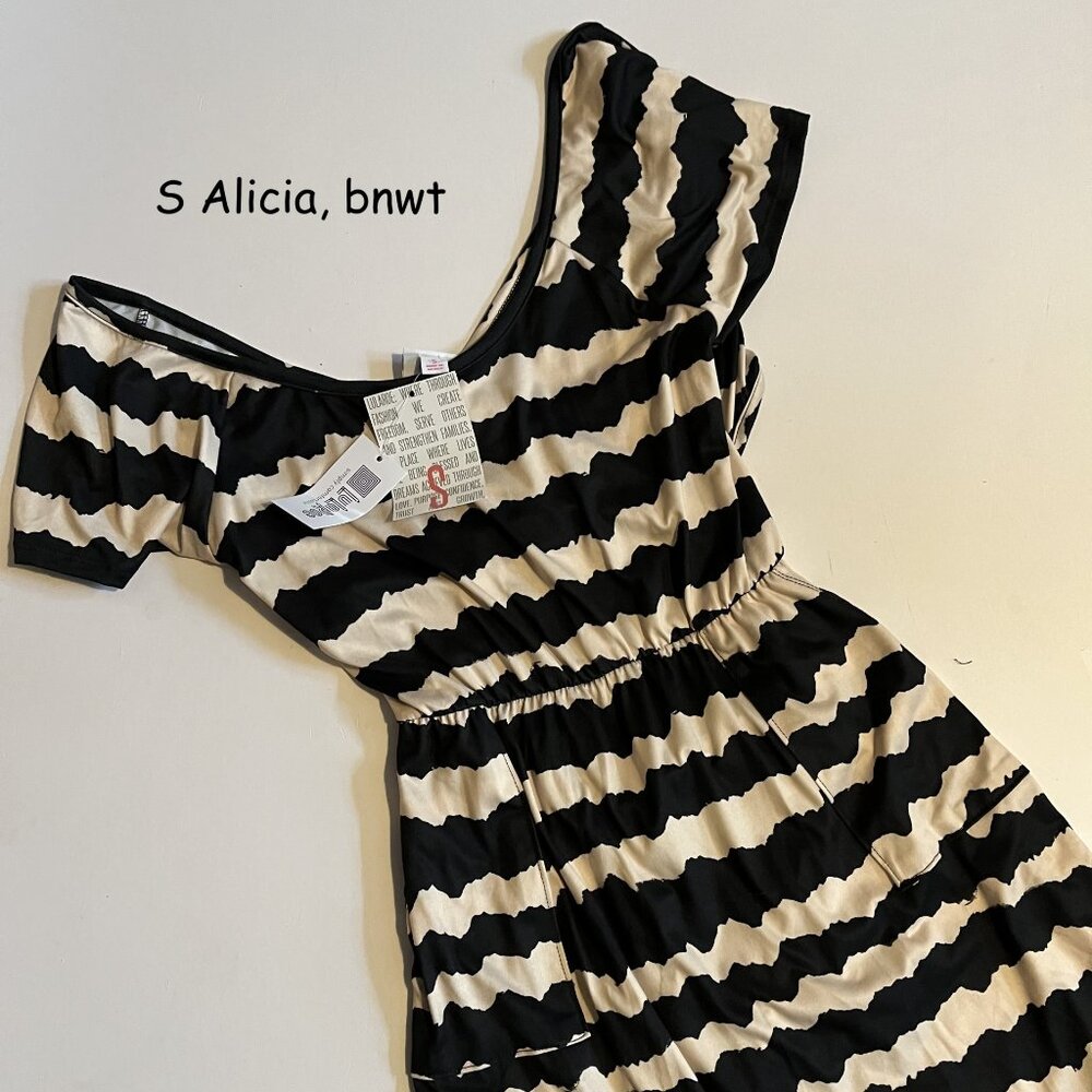 Small Lularoe Alicia cross back dress, cream and black wavy stripes